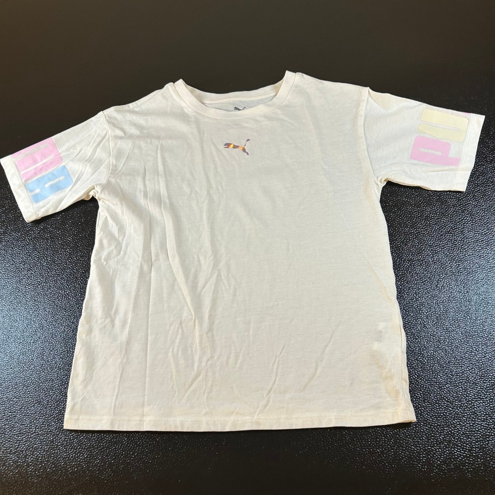 Puma Graphic T-Shirt Pastel Logo Short Sleeve Top White Kids Large (10/12)